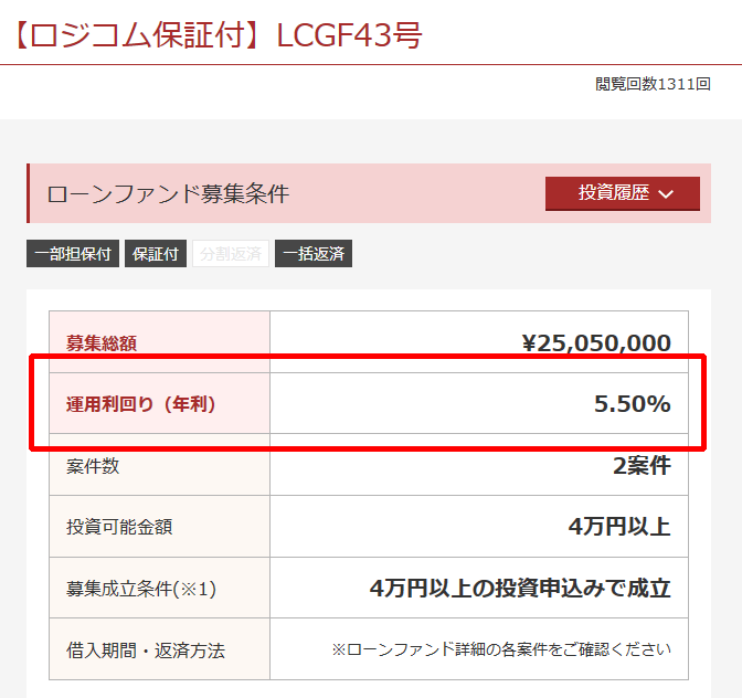 【ロジコム保証付】LCGF43号の運用利回り（年利）